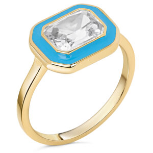 Charmins Goudkleurige Chunky Ring Blauw Emaille en Witte Steen R1777
